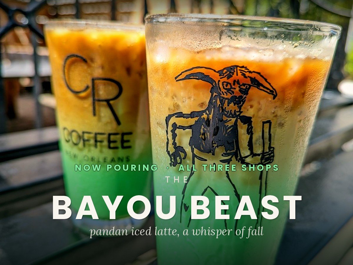 The Bayou Beast, a pandan iced latte with a whisper of fall