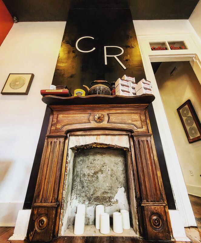 CR Coffee fireplace with monogram
